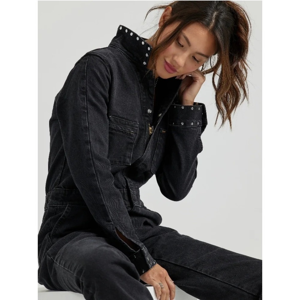 Lee Union-Alls Jumpsuit Women M Black Studded Denim Long Sleeve Coveralls